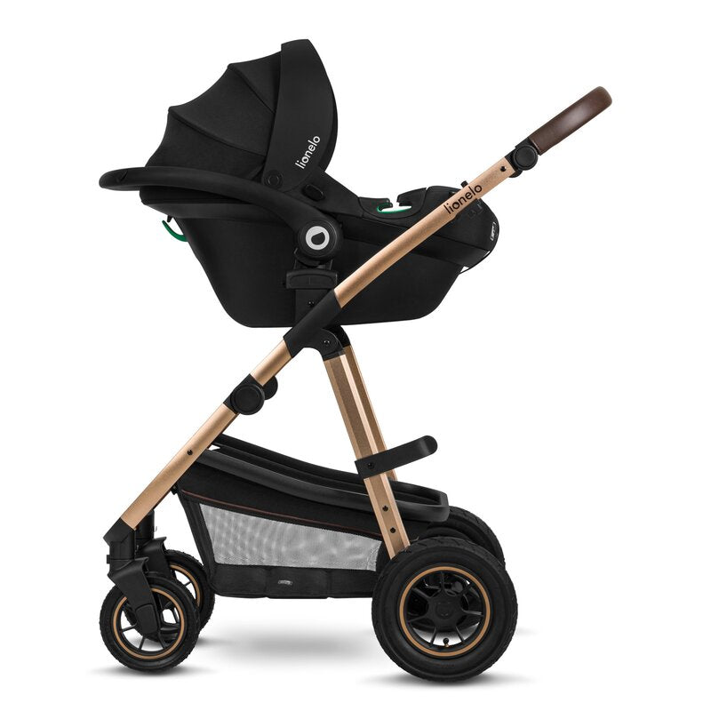 Carucior 3 in 1, Lionelo, Amber, Cadru aluminiu, Cu landou intarit si salteluta moale, Cu scoica auto testata ADAC, Reversibil, Cu accesorii, Geanta parinti, Pana la 22 kg, EN1888-1 EN1888-2 EN1466 ECE R129, Negru onyx - gogobaby.ro