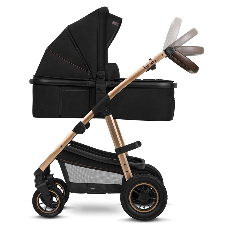 Carucior 3 in 1, Lionelo, Amber, Cadru aluminiu, Cu landou intarit si salteluta moale, Cu scoica auto testata ADAC, Reversibil, Cu accesorii, Geanta parinti, Pana la 22 kg, EN1888-1 EN1888-2 EN1466 ECE R129, Negru onyx