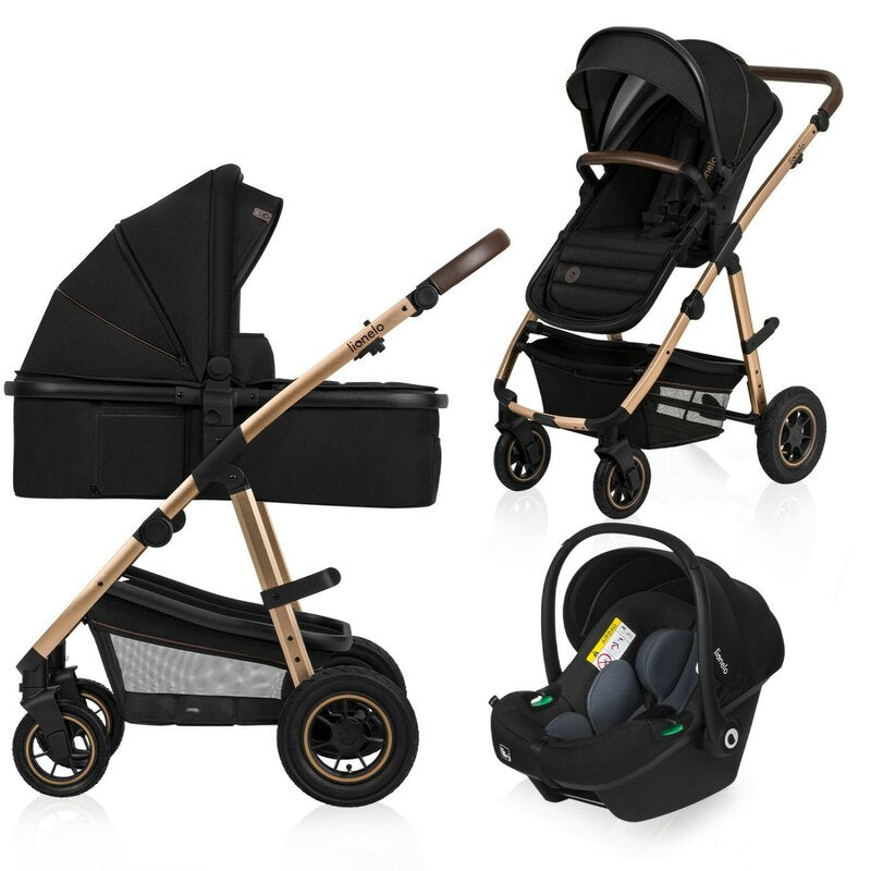 Carucior 3 in 1, Lionelo, Amber, Cadru aluminiu, Cu landou intarit si salteluta moale, Cu scoica auto testata ADAC, Reversibil, Cu accesorii, Geanta parinti, Pana la 22 kg, EN1888-1 EN1888-2 EN1466 ECE R129, Negru onyx - gogobaby.ro
