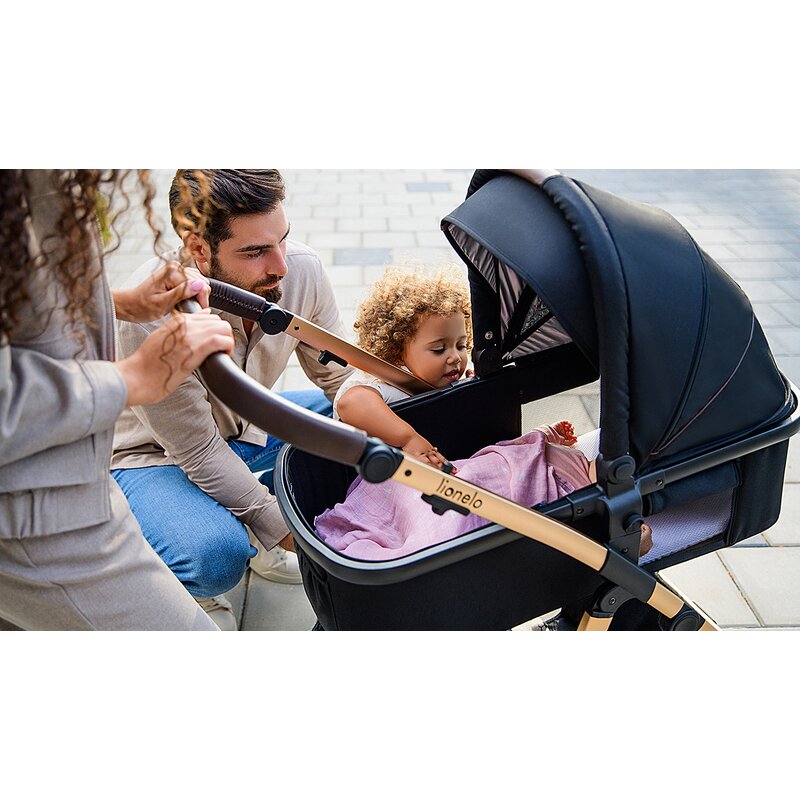 Carucior 3 in 1, Lionelo, Amber, Cadru aluminiu, Cu landou intarit si salteluta moale, Cu scoica auto testata ADAC, Reversibil, Cu accesorii, Geanta parinti, Pana la 22 kg, EN1888-1 EN1888-2 EN1466 ECE R129, Negru onyx - gogobaby.ro