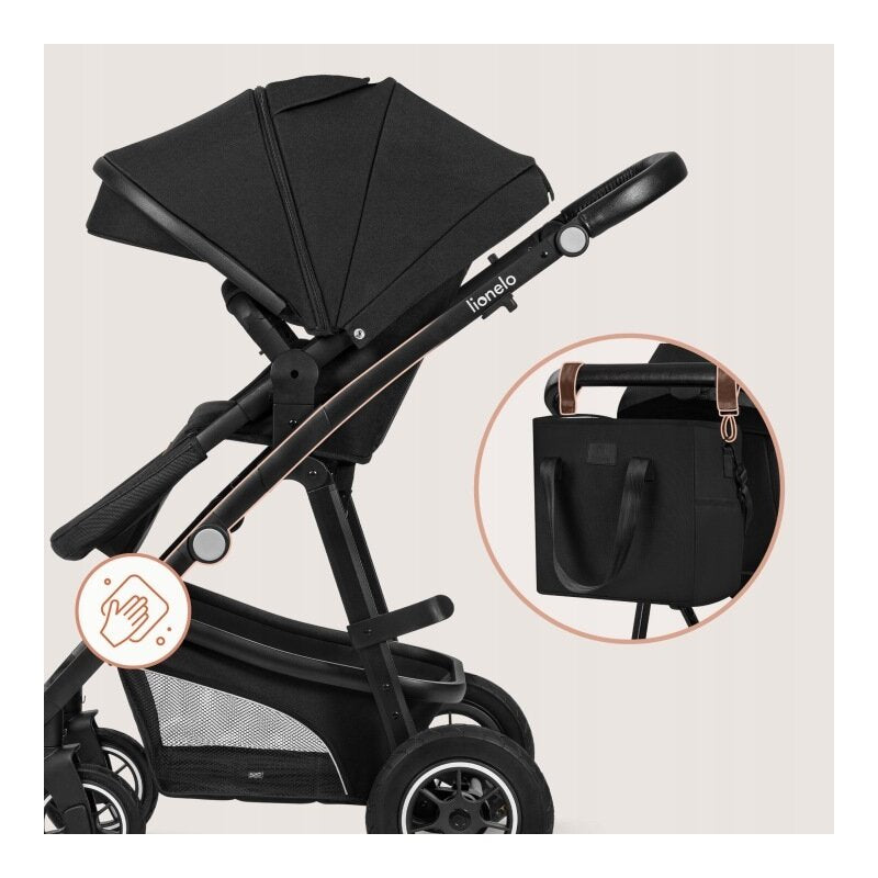 Carucior 3 in 1, Lionelo, Bianka, Transformabil, Cadru aluminiu, Cu landou si salteluta moale, Cu scoica auto, Cu multiple accesorii, Sustine 22 kg, 0 luni+, EN1466:2014+AC:2015, EN1888, Negru