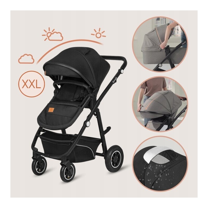 Carucior 3 in 1, Lionelo, Bianka, Transformabil, Cadru aluminiu, Cu landou si salteluta moale, Cu scoica auto, Cu multiple accesorii, Sustine 22 kg, 0 luni+, EN1466:2014+AC:2015, EN1888, Negru