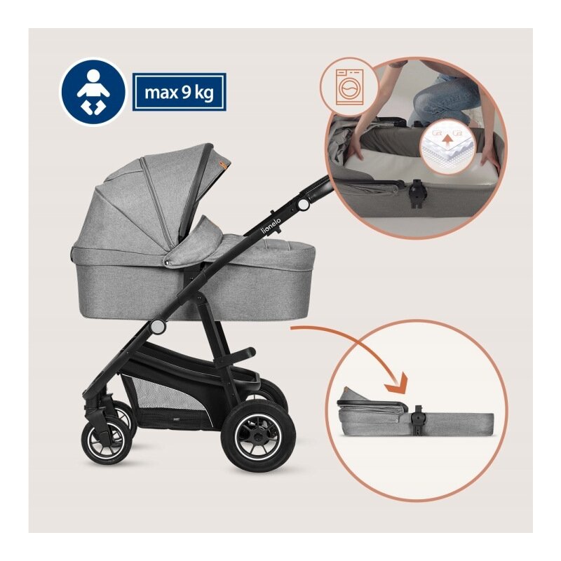 Carucior 3 in 1, Lionelo, Bianka, Transformabil, Cadru aluminiu, Cu landou si salteluta moale, Cu scoica auto, Cu multiple accesorii, Sustine 22 kg, 0 luni+, EN1466:2014+AC:2015, EN1888, Gri