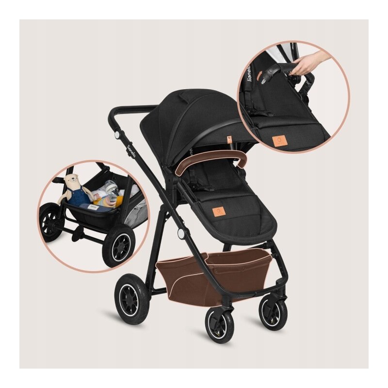 Carucior 3 in 1, Lionelo, Bianka, Transformabil, Cadru aluminiu, Cu landou si salteluta moale, Cu scoica auto, Cu multiple accesorii, Sustine 22 kg, 0 luni+, EN1466:2014+AC:2015, EN1888, Negru