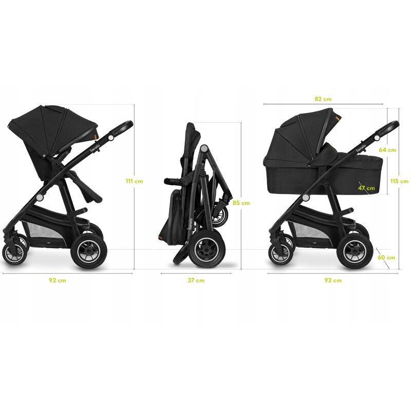 Carucior 3 in 1, Lionelo, Bianka, Transformabil, Cadru aluminiu, Cu landou si salteluta moale, Cu scoica auto testata ADAC, Cu multiple accesorii, Sustine 22 kg, 0 luni+, EN1466:2014+AC:2015, EN1888, Negru - gogobaby.ro