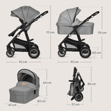 Carucior 3 in 1, Lionelo, Bianka, Transformabil, Cadru aluminiu, Cu landou si salteluta moale, Cu scoica auto, Cu multiple accesorii, Sustine 22 kg, 0 luni+, EN1466:2014+AC:2015, EN1888, Gri