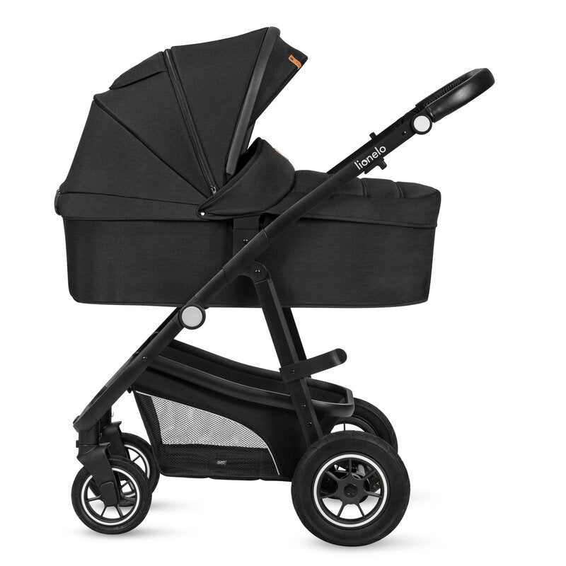 Carucior 3 in 1, Lionelo, Bianka, Transformabil, Cadru aluminiu, Cu landou si salteluta moale, Cu scoica auto, Cu multiple accesorii, Sustine 22 kg, 0 luni+, EN1466:2014+AC:2015, EN1888, Negru