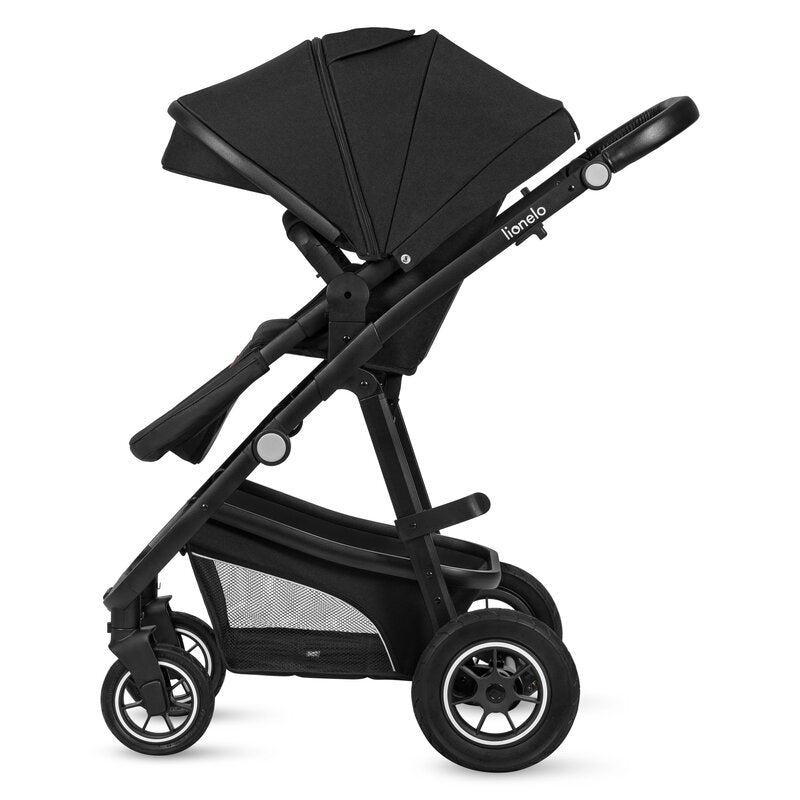 Carucior 3 in 1, Lionelo, Bianka, Transformabil, Cadru aluminiu, Cu landou si salteluta moale, Cu scoica auto, Cu multiple accesorii, Sustine 22 kg, 0 luni+, EN1466:2014+AC:2015, EN1888, Negru