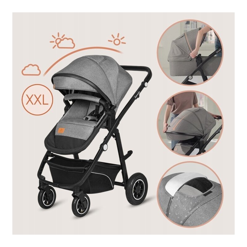 Carucior 3 in 1, Lionelo, Bianka, Transformabil, Cadru aluminiu, Cu landou si salteluta moale, Cu scoica auto, Cu multiple accesorii, Sustine 22 kg, 0 luni+, EN1466:2014+AC:2015, EN1888, Gri