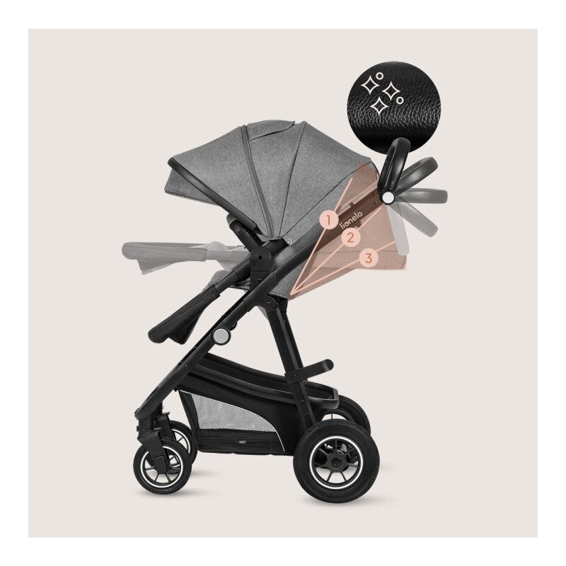 Carucior 3 in 1, Lionelo, Bianka, Transformabil, Cadru aluminiu, Cu landou si salteluta moale, Cu scoica auto, Cu multiple accesorii, Sustine 22 kg, 0 luni+, EN1466:2014+AC:2015, EN1888, Gri