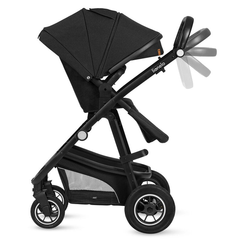 Carucior 3 in 1, Lionelo, Bianka, Transformabil, Cadru aluminiu, Cu landou si salteluta moale, Cu scoica auto, Cu multiple accesorii, Sustine 22 kg, 0 luni+, EN1466:2014+AC:2015, EN1888, Negru
