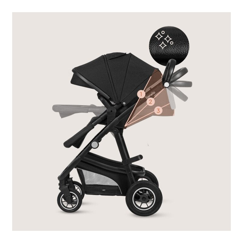 Carucior 3 in 1, Lionelo, Bianka, Transformabil, Cadru aluminiu, Cu landou si salteluta moale, Cu scoica auto, Cu multiple accesorii, Sustine 22 kg, 0 luni+, EN1466:2014+AC:2015, EN1888, Negru