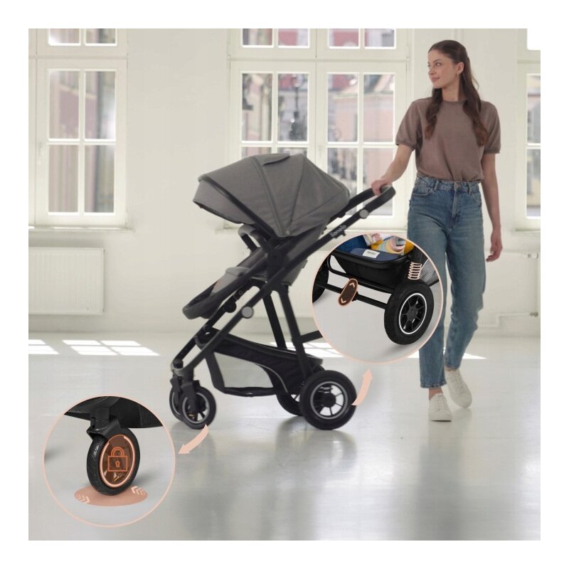Carucior 3 in 1, Lionelo, Bianka, Transformabil, Cadru aluminiu, Cu landou si salteluta moale, Cu scoica auto, Cu multiple accesorii, Sustine 22 kg, 0 luni+, EN1466:2014+AC:2015, EN1888, Negru