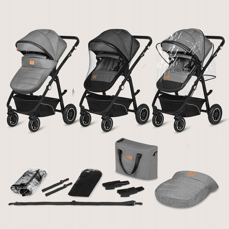Carucior 3 in 1, Lionelo, Bianka, Transformabil, Cadru aluminiu, Cu landou si salteluta moale, Cu scoica auto, Cu multiple accesorii, Sustine 22 kg, 0 luni+, EN1466:2014+AC:2015, EN1888, Gri