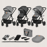 Carucior 3 in 1, Lionelo, Bianka, Transformabil, Cadru aluminiu, Cu landou si salteluta moale, Cu scoica auto, Cu multiple accesorii, Sustine 22 kg, 0 luni+, EN1466:2014+AC:2015, EN1888, Gri