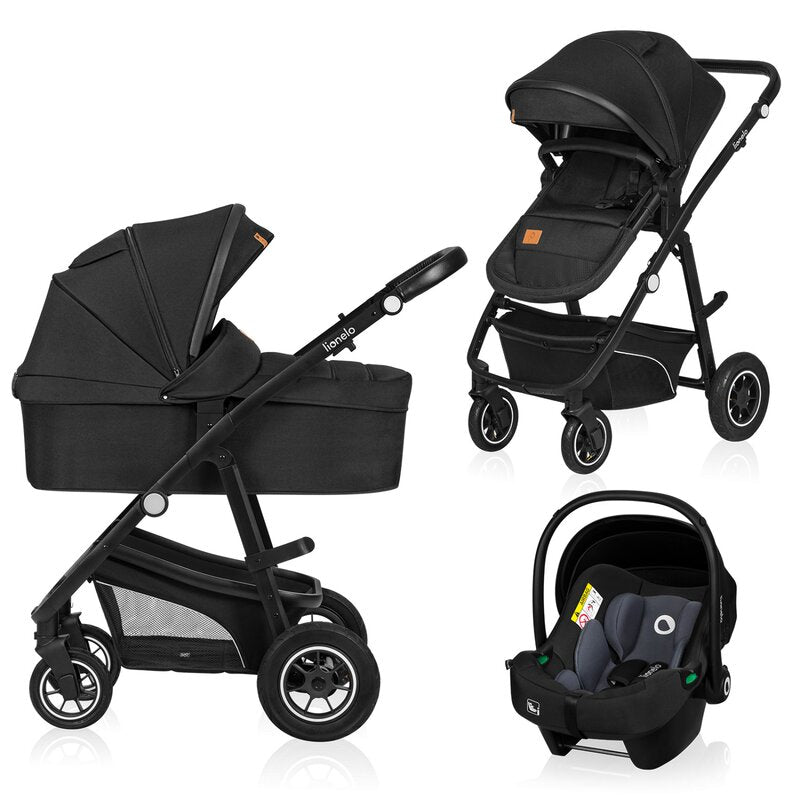 Carucior 3 in 1, Lionelo, Bianka, Transformabil, Cadru aluminiu, Cu landou si salteluta moale, Cu scoica auto testata ADAC, Cu multiple accesorii, Sustine 22 kg, 0 luni+, EN1466:2014+AC:2015, EN1888, Negru - gogobaby.ro