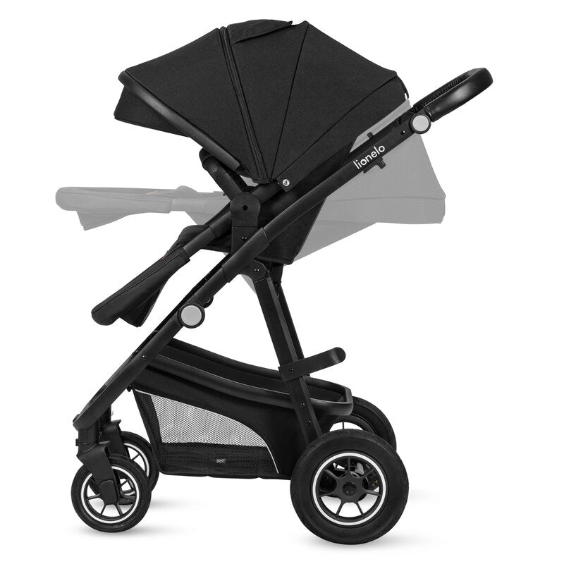 Carucior 3 in 1, Lionelo, Bianka, Transformabil, Cadru aluminiu, Cu landou si salteluta moale, Cu scoica auto, Cu multiple accesorii, Sustine 22 kg, 0 luni+, EN1466:2014+AC:2015, EN1888, Negru - gogobaby.ro