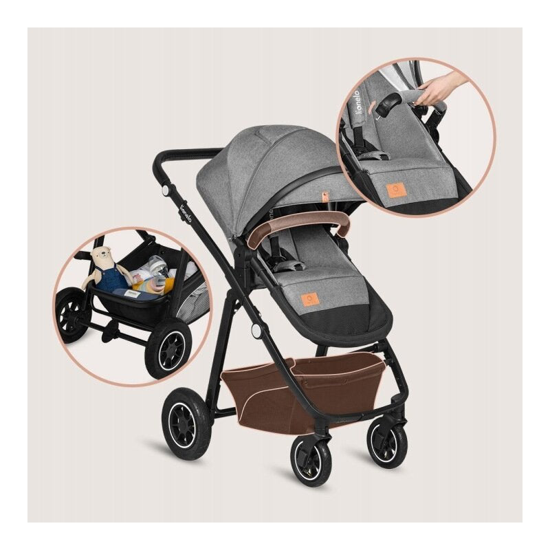 Carucior 3 in 1, Lionelo, Bianka, Transformabil, Cadru aluminiu, Cu landou si salteluta moale, Cu scoica auto, Cu multiple accesorii, Sustine 22 kg, 0 luni+, EN1466:2014+AC:2015, EN1888, Gri