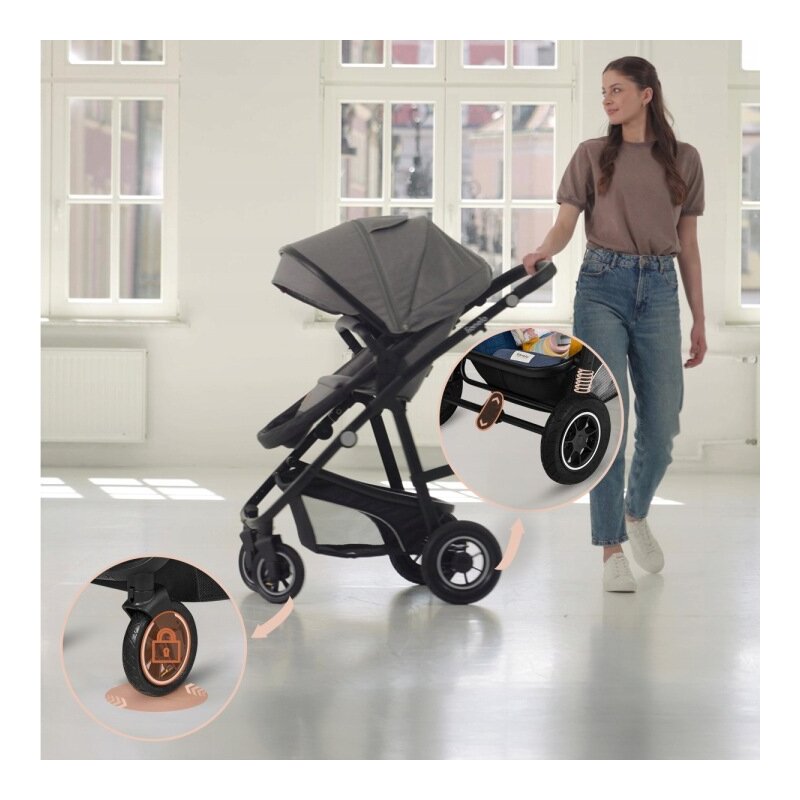 Carucior 3 in 1, Lionelo, Bianka, Transformabil, Cadru aluminiu, Cu landou si salteluta moale, Cu scoica auto, Cu multiple accesorii, Sustine 22 kg, 0 luni+, EN1466:2014+AC:2015, EN1888, Gri