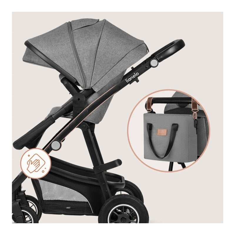Carucior 3 in 1, Lionelo, Bianka, Transformabil, Cadru aluminiu, Cu landou si salteluta moale, Cu scoica auto, Cu multiple accesorii, Sustine 22 kg, 0 luni+, EN1466:2014+AC:2015, EN1888, Gri