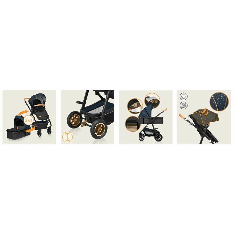 Carucior 2 in 1, Lionelo, Amber, Cadru aluminiu, Cu landou intarit si salteluta moale, Reversibil, Maner ajustabil, Huse pentru picioare, ploaie, Plasa de tantari, Geanta parinti, Pana la 22 kg, EN1888-1, EN1888-2, EN1466, Albastru - gogobaby.ro