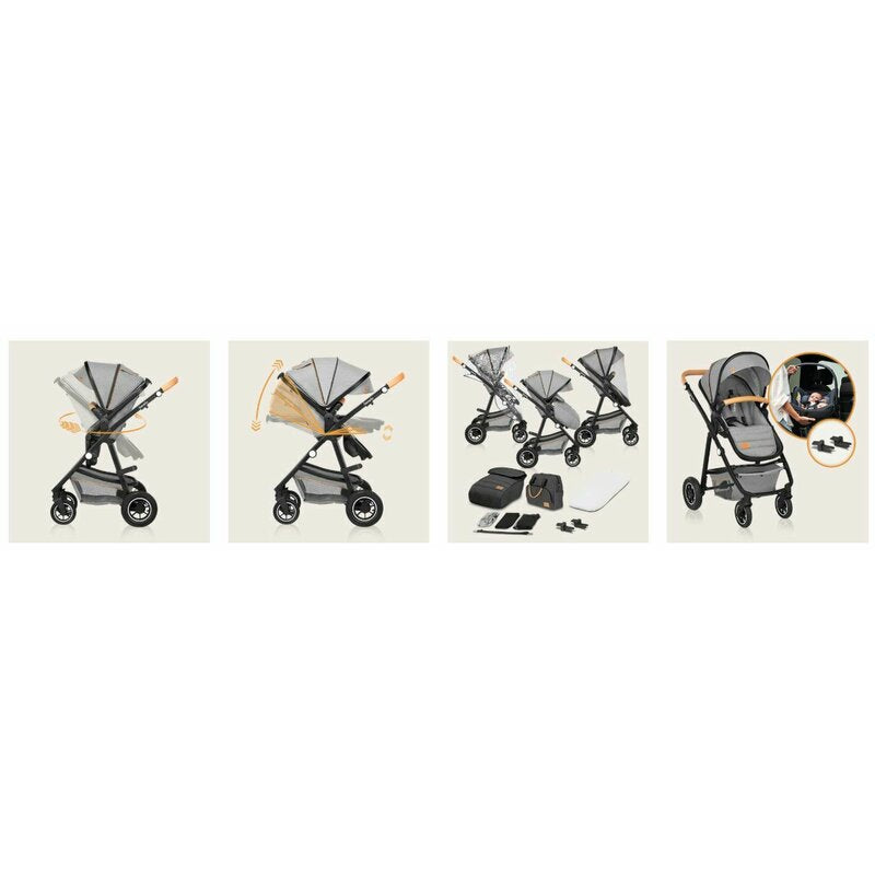 Carucior 2 in 1, Lionelo, Amber, Cadru aluminiu, Cu landou intarit si salteluta moale, Reversibil, Maner ajustabil, Huse pentru picioare, ploaie, Plasa de tantari, Geanta parinti, Pana la 22 kg, EN1888-1, EN1888-2, EN1466, Gri deschis - gogobaby.ro