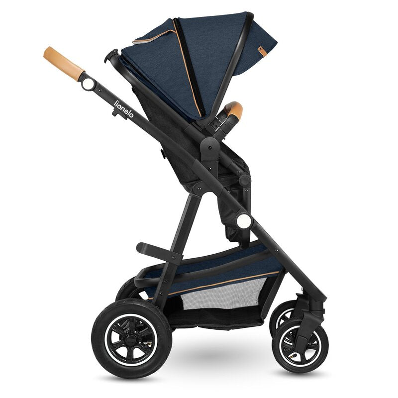 Carucior 2 in 1, Lionelo, Amber, Cadru aluminiu, Cu landou intarit si salteluta moale, Reversibil, Maner ajustabil, Huse pentru picioare, ploaie, Plasa de tantari, Geanta parinti, Pana la 22 kg, EN1888-1, EN1888-2, EN1466, Albastru - gogobaby.ro