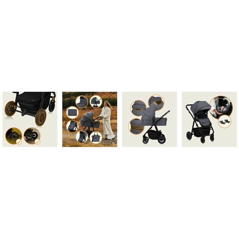 Carucior 2 in 1, Lionelo, Amber, Cadru aluminiu, Cu landou intarit si salteluta moale, Reversibil, Maner ajustabil, Huse pentru picioare, ploaie, Plasa de tantari, Geanta parinti, Pana la 22 kg, EN1888-1, EN1888-2, EN1466, Gri inchis