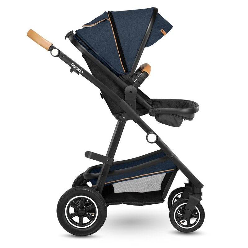 Carucior 2 in 1, Lionelo, Amber, Cadru aluminiu, Cu landou intarit si salteluta moale, Reversibil, Maner ajustabil, Huse pentru picioare, ploaie, Plasa de tantari, Geanta parinti, Pana la 22 kg, EN1888-1, EN1888-2, EN1466, Albastru - gogobaby.ro