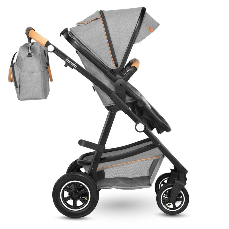 Carucior 2 in 1, Lionelo, Amber, Cadru aluminiu, Cu landou intarit si salteluta moale, Reversibil, Maner ajustabil, Huse pentru picioare, ploaie, Plasa de tantari, Geanta parinti, Pana la 22 kg, EN1888-1, EN1888-2, EN1466, Gri deschis - gogobaby.ro