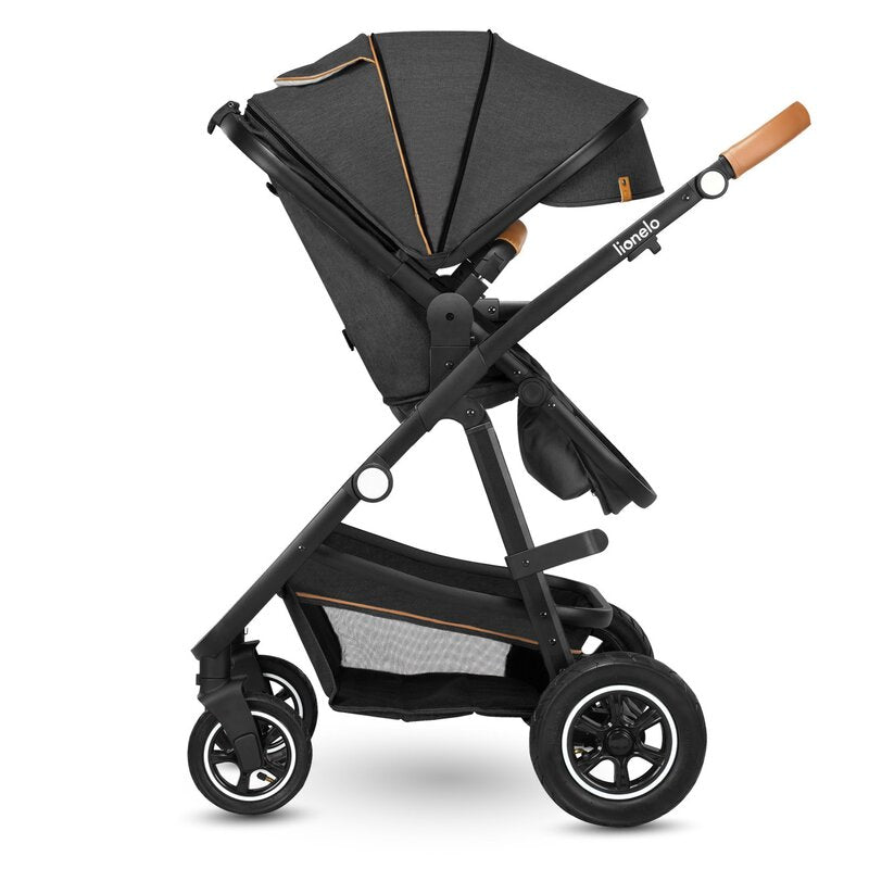 Carucior 2 in 1, Lionelo, Amber, Cadru aluminiu, Cu landou intarit si salteluta moale, Reversibil, Maner ajustabil, Huse pentru picioare, ploaie, Plasa de tantari, Geanta parinti, Pana la 22 kg, EN1888-1, EN1888-2, EN1466, Gri inchis