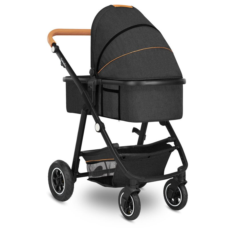 Carucior 2 in 1, Lionelo, Amber, Cadru aluminiu, Cu landou intarit si salteluta moale, Reversibil, Maner ajustabil, Huse pentru picioare, ploaie, Plasa de tantari, Geanta parinti, Pana la 22 kg, EN1888-1, EN1888-2, EN1466, Gri inchis