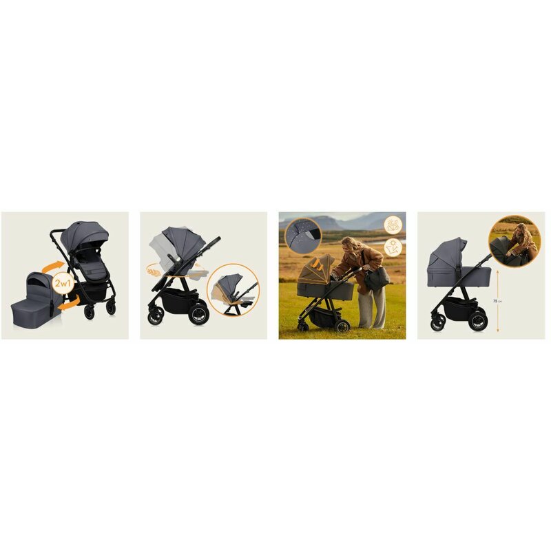 Carucior 2 in 1, Lionelo, Amber, Cadru aluminiu, Cu landou intarit si salteluta moale, Reversibil, Maner ajustabil, Huse pentru picioare, ploaie, Plasa de tantari, Geanta parinti, Pana la 22 kg, EN1888-1, EN1888-2, EN1466, Gri inchis