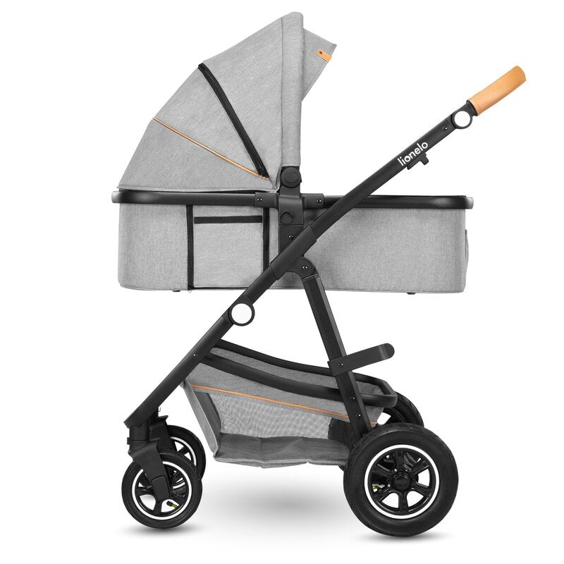 Carucior 2 in 1, Lionelo, Amber, Cadru aluminiu, Cu landou intarit si salteluta moale, Reversibil, Maner ajustabil, Huse pentru picioare, ploaie, Plasa de tantari, Geanta parinti, Pana la 22 kg, EN1888-1, EN1888-2, EN1466, Gri deschis - gogobaby.ro