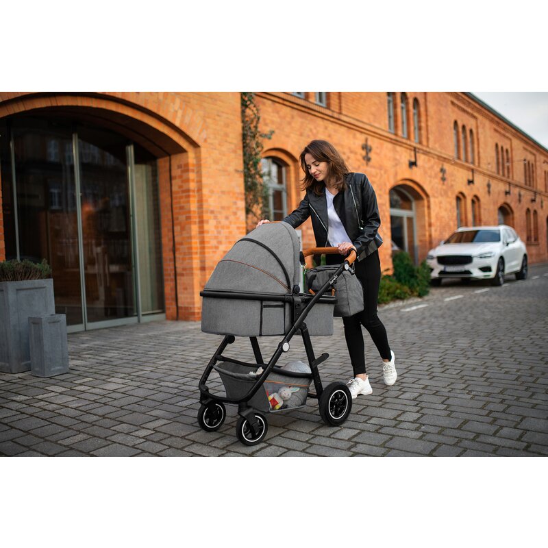 Carucior 2 in 1, Lionelo, Amber, Cadru aluminiu, Cu landou intarit si salteluta moale, Reversibil, Maner ajustabil, Huse pentru picioare, ploaie, Plasa de tantari, Geanta parinti, Pana la 22 kg, EN1888-1, EN1888-2, EN1466, Gri deschis - gogobaby.ro