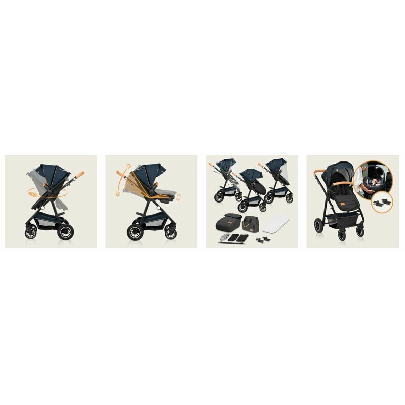 Carucior 2 in 1, Lionelo, Amber, Cadru aluminiu, Cu landou intarit si salteluta moale, Reversibil, Maner ajustabil, Huse pentru picioare, ploaie, Plasa de tantari, Geanta parinti, Pana la 22 kg, EN1888-1, EN1888-2, EN1466, Albastru - gogobaby.ro