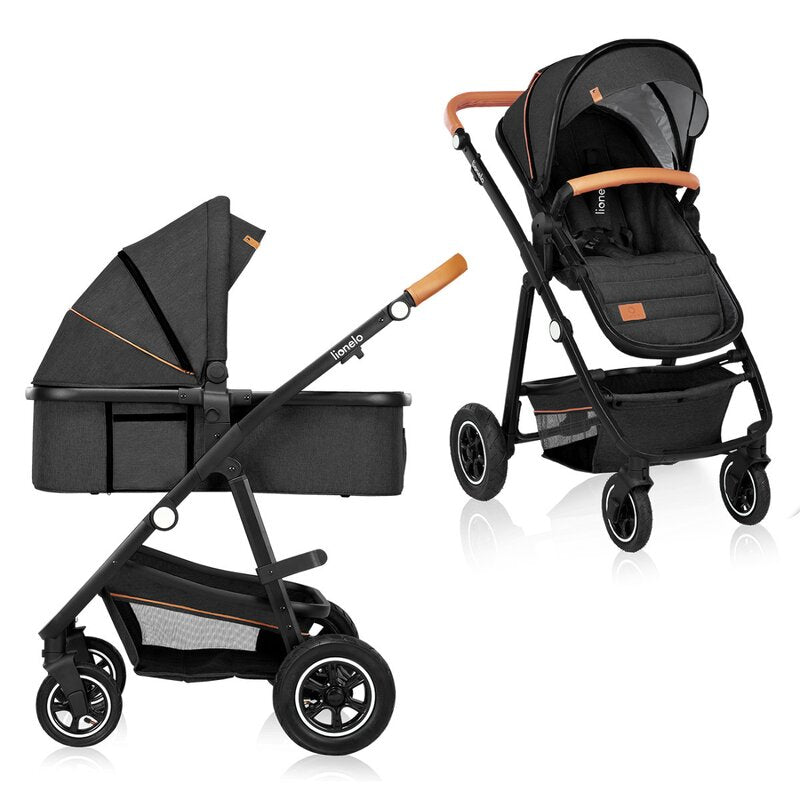 Carucior 2 in 1, Lionelo, Amber, Cadru aluminiu, Cu landou intarit si salteluta moale, Reversibil, Maner ajustabil, Huse pentru picioare, ploaie, Plasa de tantari, Geanta parinti, Pana la 22 kg, EN1888-1, EN1888-2, EN1466, Gri inchis