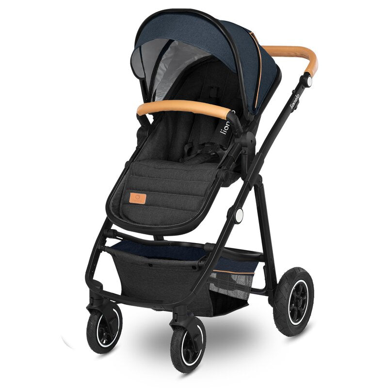 Carucior 2 in 1, Lionelo, Amber, Cadru aluminiu, Cu landou intarit si salteluta moale, Reversibil, Maner ajustabil, Huse pentru picioare, ploaie, Plasa de tantari, Geanta parinti, Pana la 22 kg, EN1888-1, EN1888-2, EN1466, Albastru - gogobaby.ro