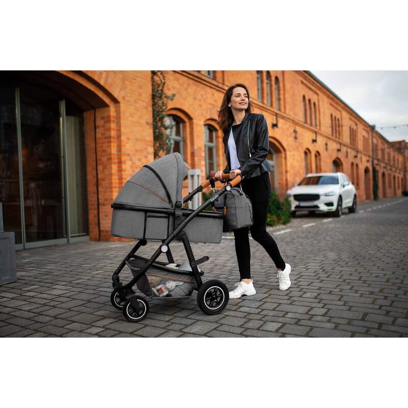 Carucior 2 in 1, Lionelo, Amber, Cadru aluminiu, Cu landou intarit si salteluta moale, Reversibil, Maner ajustabil, Huse pentru picioare, ploaie, Plasa de tantari, Geanta parinti, Pana la 22 kg, EN1888-1, EN1888-2, EN1466, Gri deschis - gogobaby.ro