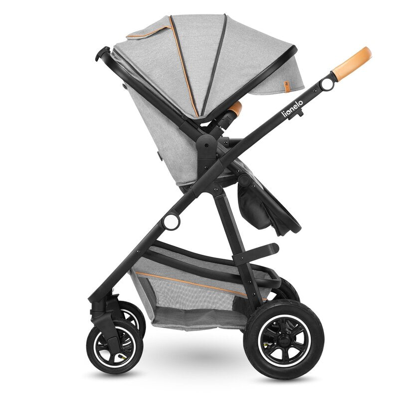 Carucior 2 in 1, Lionelo, Amber, Cadru aluminiu, Cu landou intarit si salteluta moale, Reversibil, Maner ajustabil, Huse pentru picioare, ploaie, Plasa de tantari, Geanta parinti, Pana la 22 kg, EN1888-1, EN1888-2, EN1466, Gri deschis - gogobaby.ro