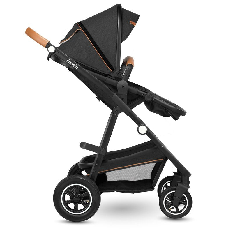 Carucior 2 in 1, Lionelo, Amber, Cadru aluminiu, Cu landou intarit si salteluta moale, Reversibil, Maner ajustabil, Huse pentru picioare, ploaie, Plasa de tantari, Geanta parinti, Pana la 22 kg, EN1888-1, EN1888-2, EN1466, Gri inchis
