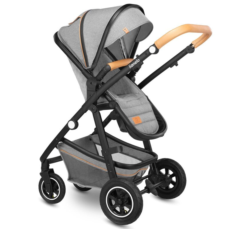 Carucior 2 in 1, Lionelo, Amber, Cadru aluminiu, Cu landou intarit si salteluta moale, Reversibil, Maner ajustabil, Huse pentru picioare, ploaie, Plasa de tantari, Geanta parinti, Pana la 22 kg, EN1888-1, EN1888-2, EN1466, Gri deschis - gogobaby.ro