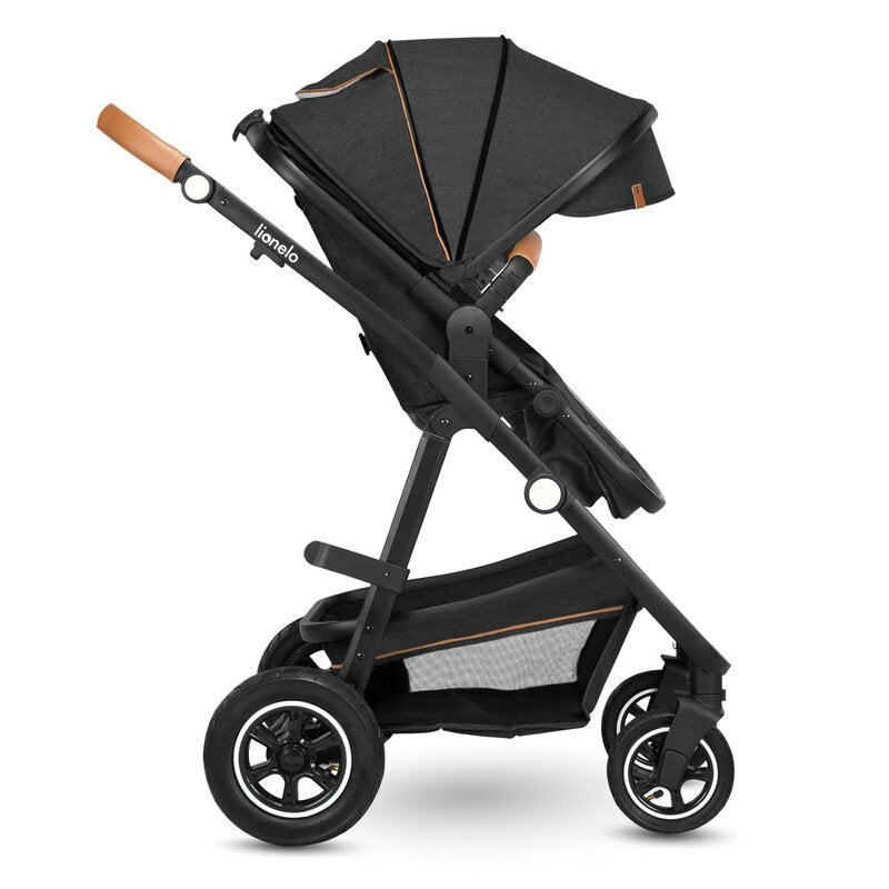 Carucior 2 in 1, Lionelo, Amber, Cadru aluminiu, Cu landou intarit si salteluta moale, Reversibil, Maner ajustabil, Huse pentru picioare, ploaie, Plasa de tantari, Geanta parinti, Pana la 22 kg, EN1888-1, EN1888-2, EN1466, Gri inchis