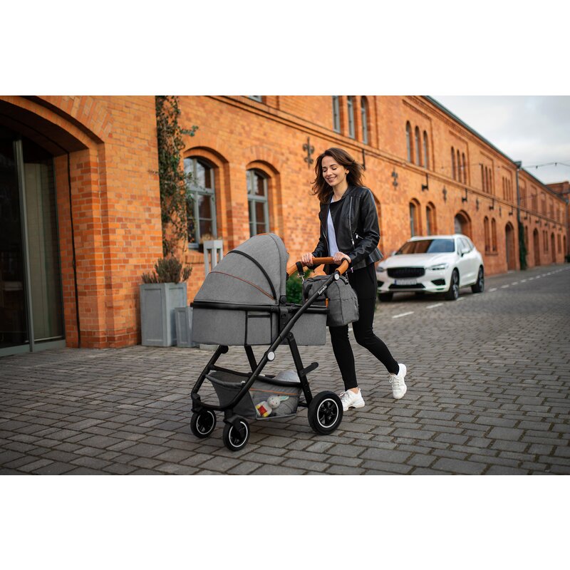 Carucior 2 in 1, Lionelo, Amber, Cadru aluminiu, Cu landou intarit si salteluta moale, Reversibil, Maner ajustabil, Huse pentru picioare, ploaie, Plasa de tantari, Geanta parinti, Pana la 22 kg, EN1888-1, EN1888-2, EN1466, Gri deschis - gogobaby.ro