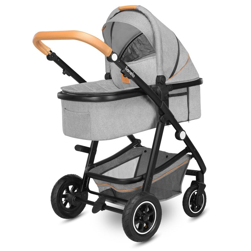 Carucior 2 in 1, Lionelo, Amber, Cadru aluminiu, Cu landou intarit si salteluta moale, Reversibil, Maner ajustabil, Huse pentru picioare, ploaie, Plasa de tantari, Geanta parinti, Pana la 22 kg, EN1888-1, EN1888-2, EN1466, Gri deschis - gogobaby.ro