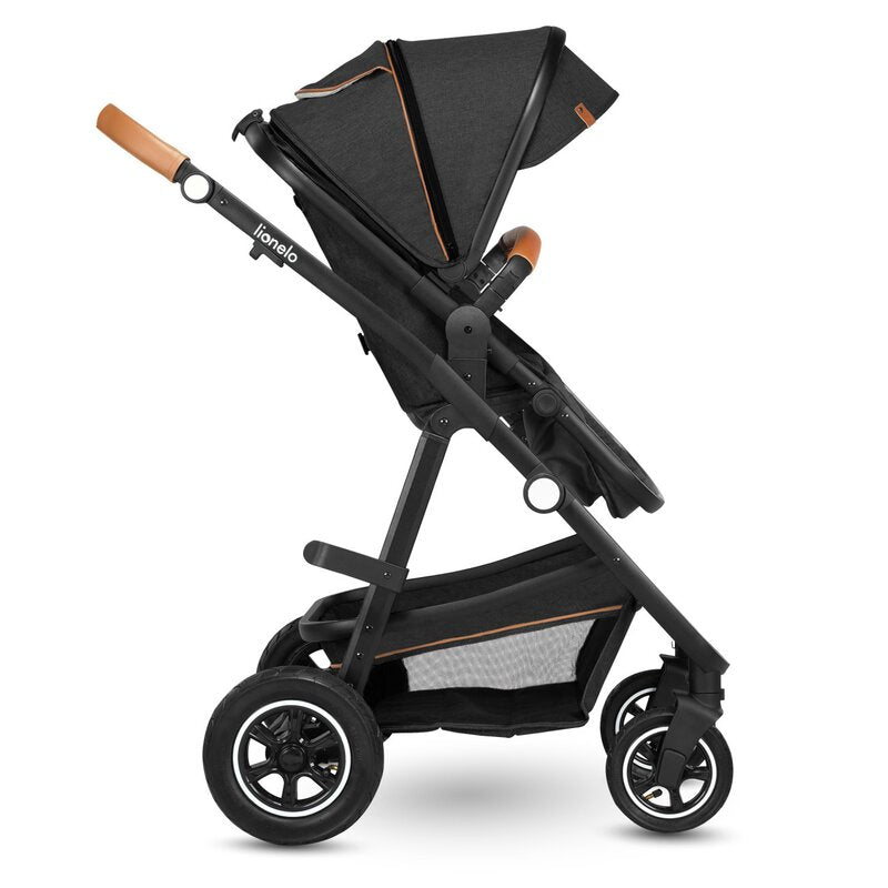 Carucior 3 in 1, Lionelo, Amber, Cadru aluminiu, Cu landou intarit si salteluta moale, Cu scoica auto testata ADAC, Reversibil, Cu accesorii, Geanta parinti, Pana la 22 kg, Gri Inchis - gogobaby.ro