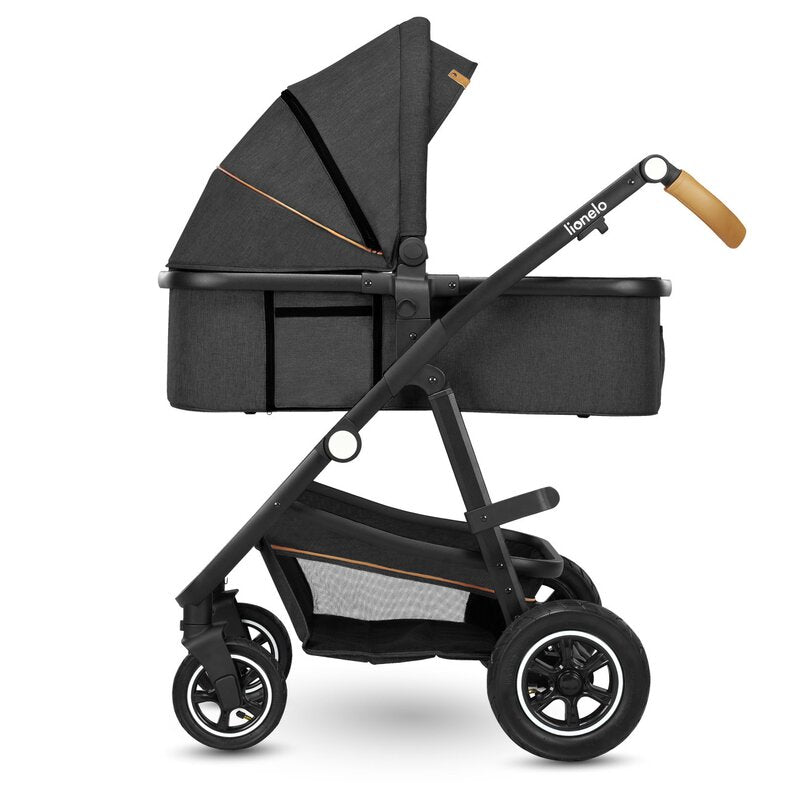 Carucior 3 in 1, Lionelo, Amber, Cadru aluminiu, Cu landou intarit si salteluta moale, Cu scoica auto testata ADAC, Reversibil, Cu accesorii, Geanta parinti, Pana la 22 kg, Gri Inchis