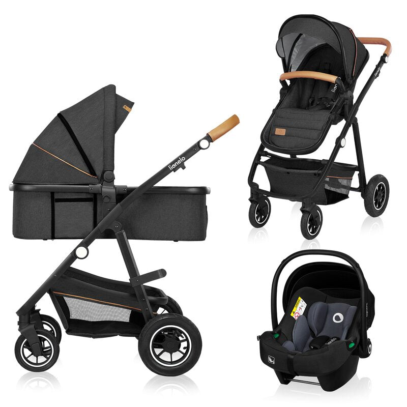 Carucior 3 in 1, Lionelo, Amber, Cadru aluminiu, Cu landou intarit si salteluta moale, Cu scoica auto testata ADAC, Reversibil, Cu accesorii, Geanta parinti, Pana la 22 kg, Gri Inchis - gogobaby.ro