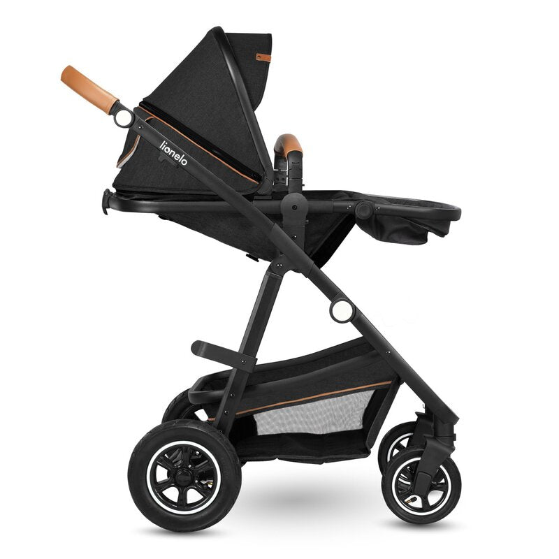 Carucior 3 in 1, Lionelo, Amber, Cadru aluminiu, Cu landou intarit si salteluta moale, Cu scoica auto testata ADAC, Reversibil, Cu accesorii, Geanta parinti, Pana la 22 kg, Gri Inchis - gogobaby.ro
