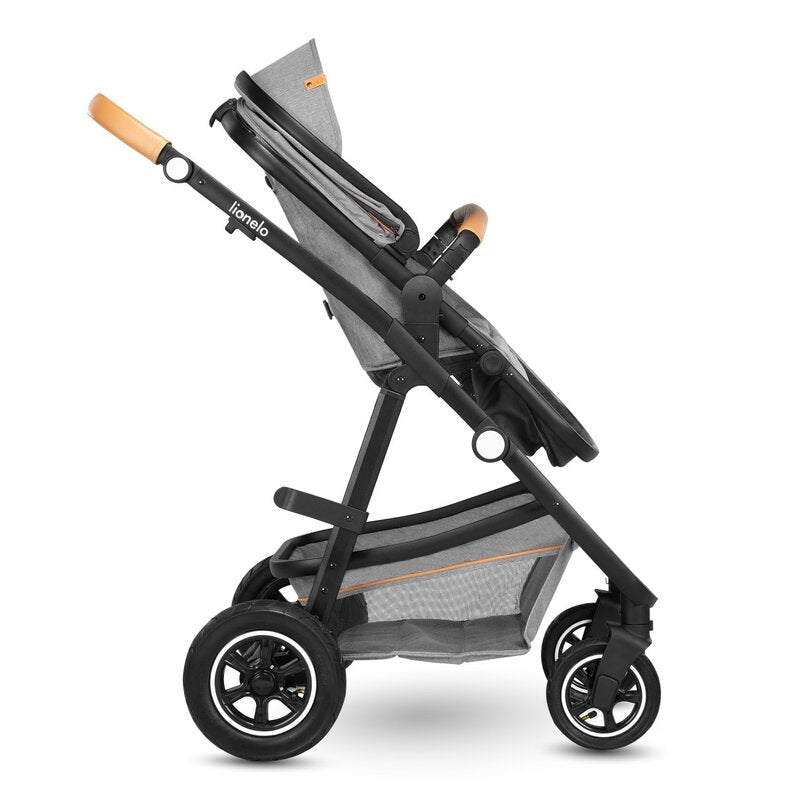 Carucior 3 in 1 Lionelo Amber, Cadru din aluminiu, Landou confortabil, Scaun auto testat ADAC, Accesorii incluse, Geanta parinti, pana la 22 kg, Certificat EN1888, Gri Deschis - gogobaby.ro